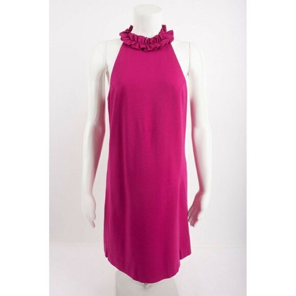 Trina Turk Womens Pink Dobbie Shift Dress Halter Magenta Size 6 Ruffle Collar - Picture 2 of 7
